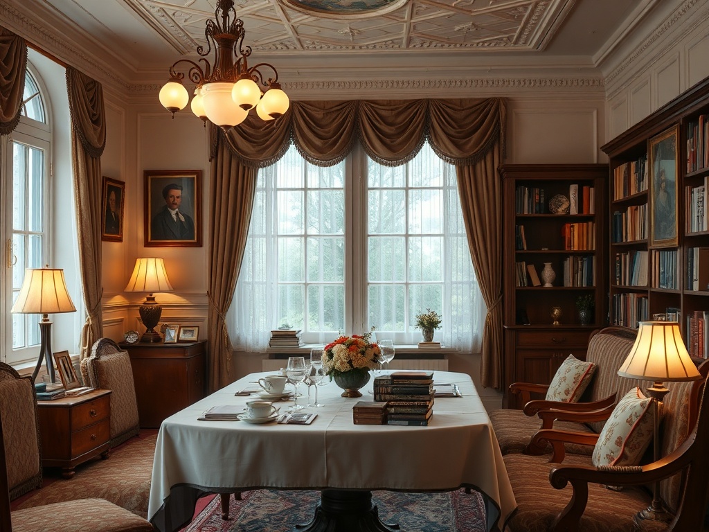 Уютный кабинет с белыми шторами, библиотекой и столом, накрытым к чаепитию. Стены украшены картинами.