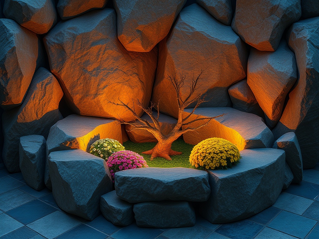 Уютный уголок с сухим деревом и цветами, окруженный большими камнями и мягким светом.