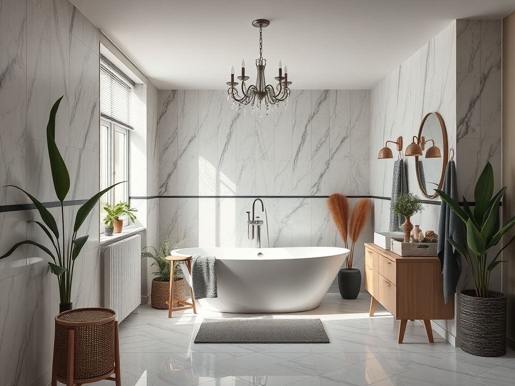 Современная ванная комната с ванной, растениями и хрустальной люстрой, оформленная в светлых тонах.