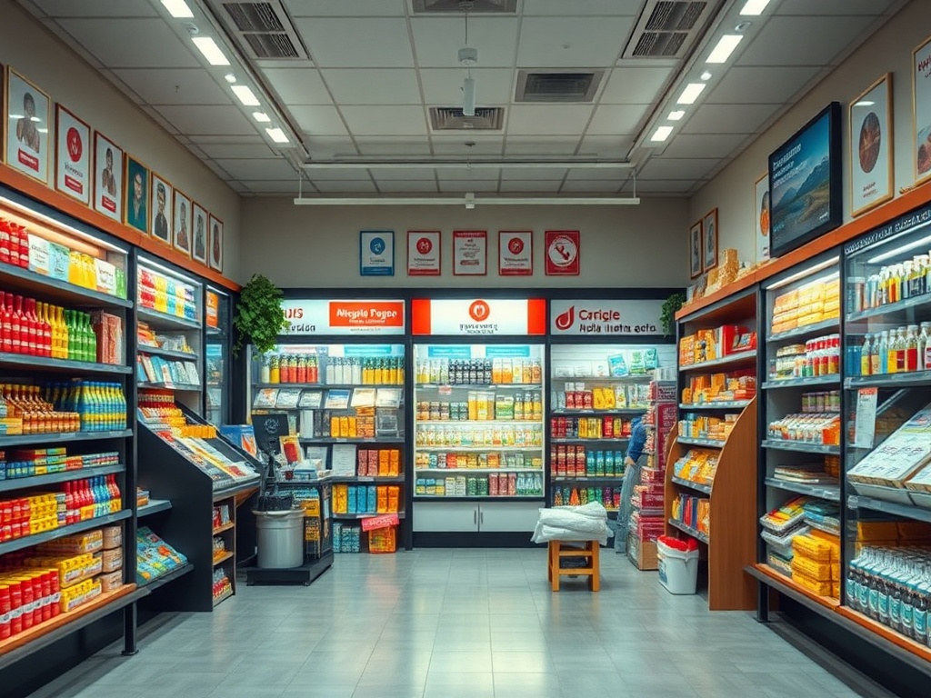Современный магазин с полками, заполненными различными продуктами и медицинскими товарами. Просторно и светло.