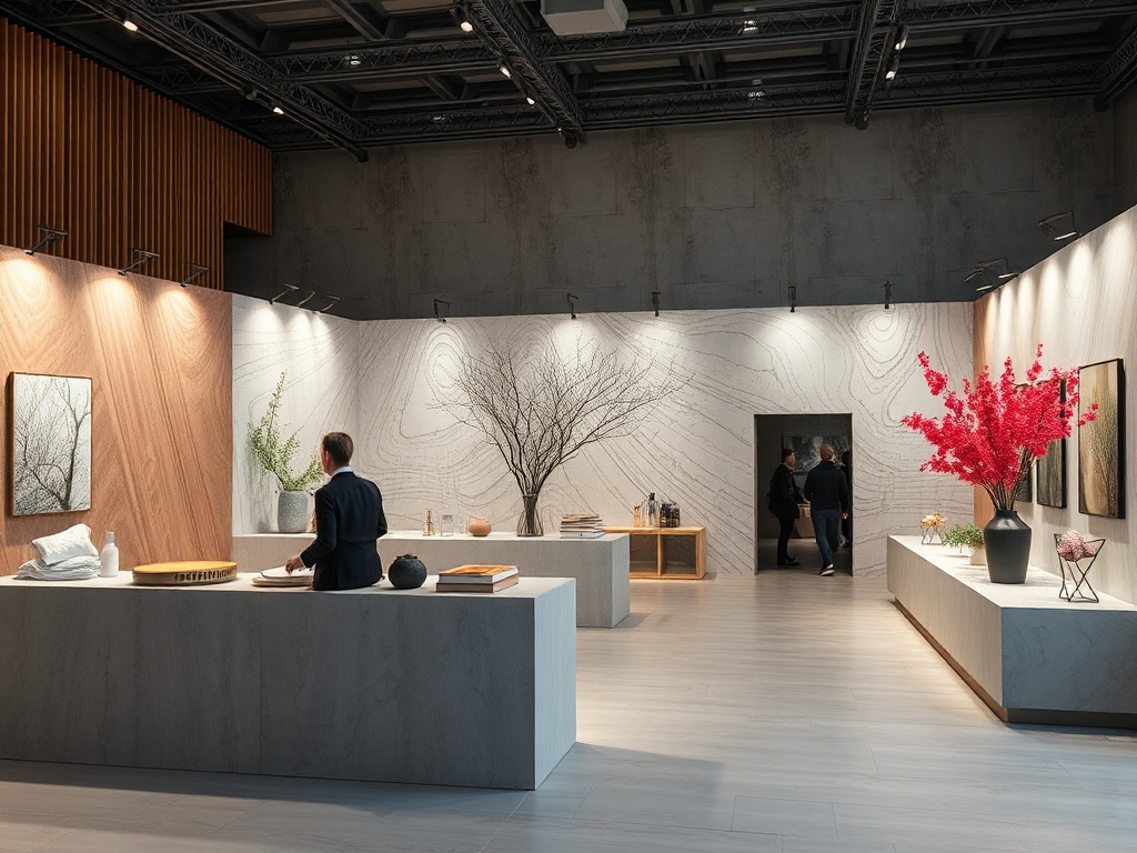 Современный выставочный зал с минималистичным дизайном и цветущими растениями на столах.