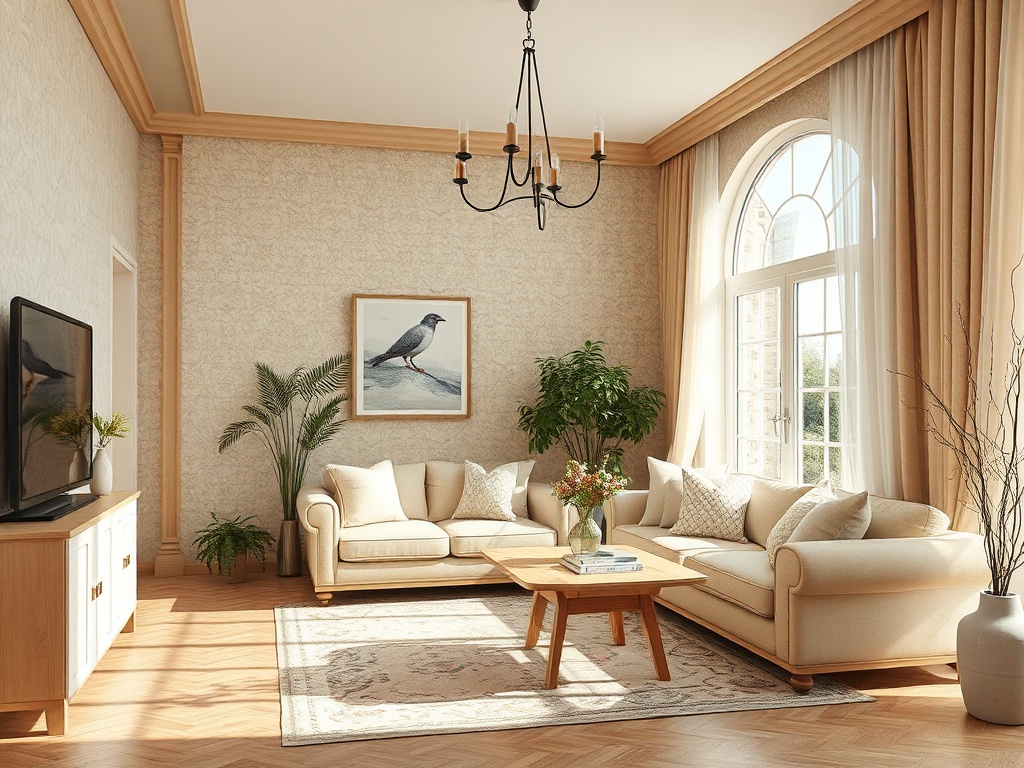 Светлая гостиная с диванами, столиком, телевизором и зелеными растениями у окна. Уютная атмосфера.