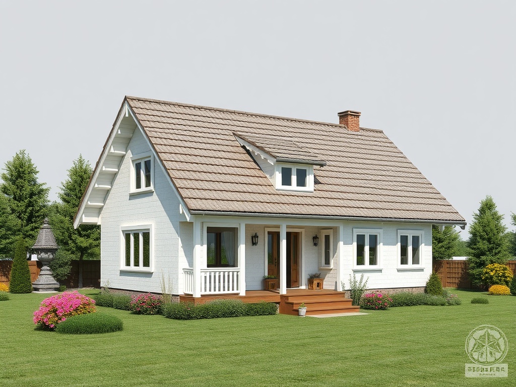 Современный белый дом с коричневой крышей и зеленым ландшафтом вокруг, окруженный зелеными деревьями.