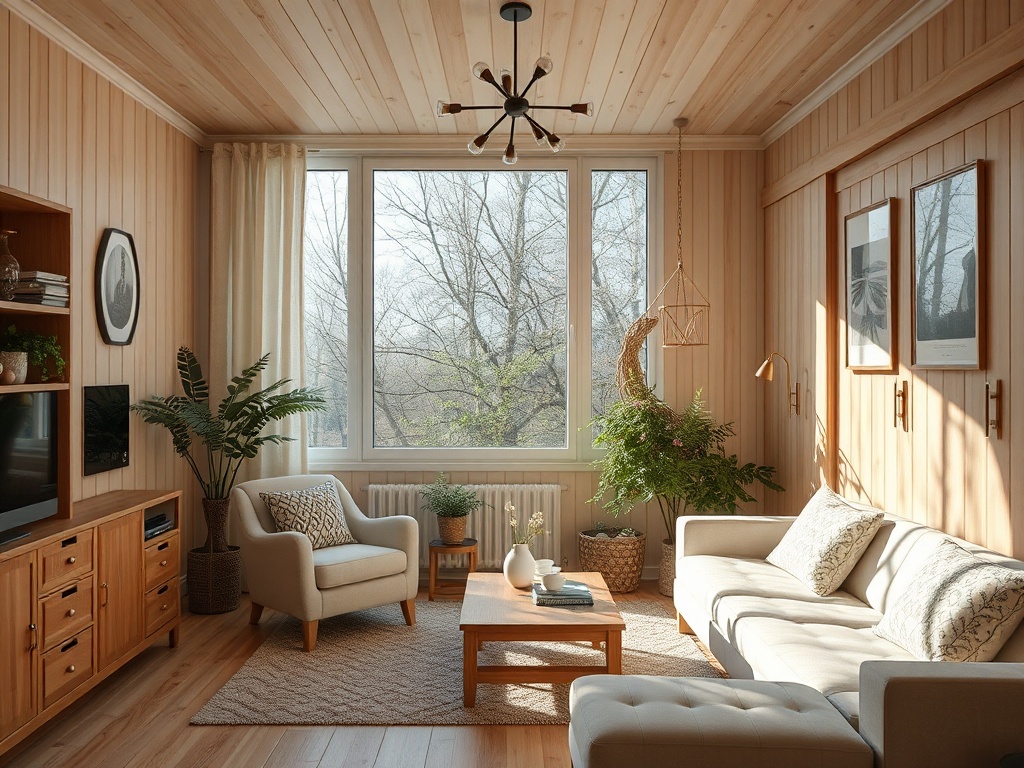 Современная гостиная с деревянными стенами, большими окнами и уютной мебелью в светлых тонах.