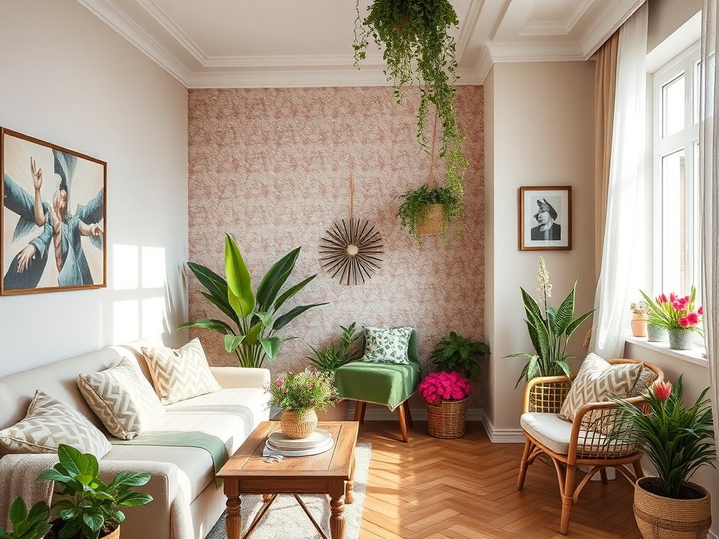 Светлая гостиная с зелеными растениями, уютной мебелью и художественными работами на стенах.