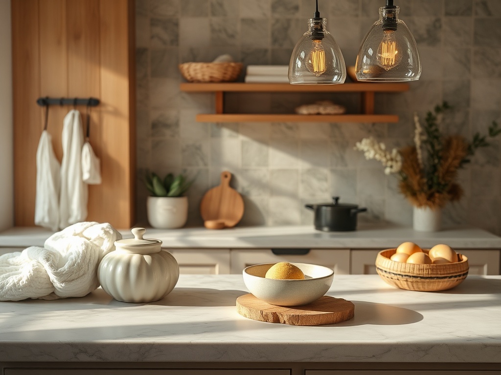 Современная кухня с фруктами, красивой посудой и теплым светом, создающим уютную атмосферу.