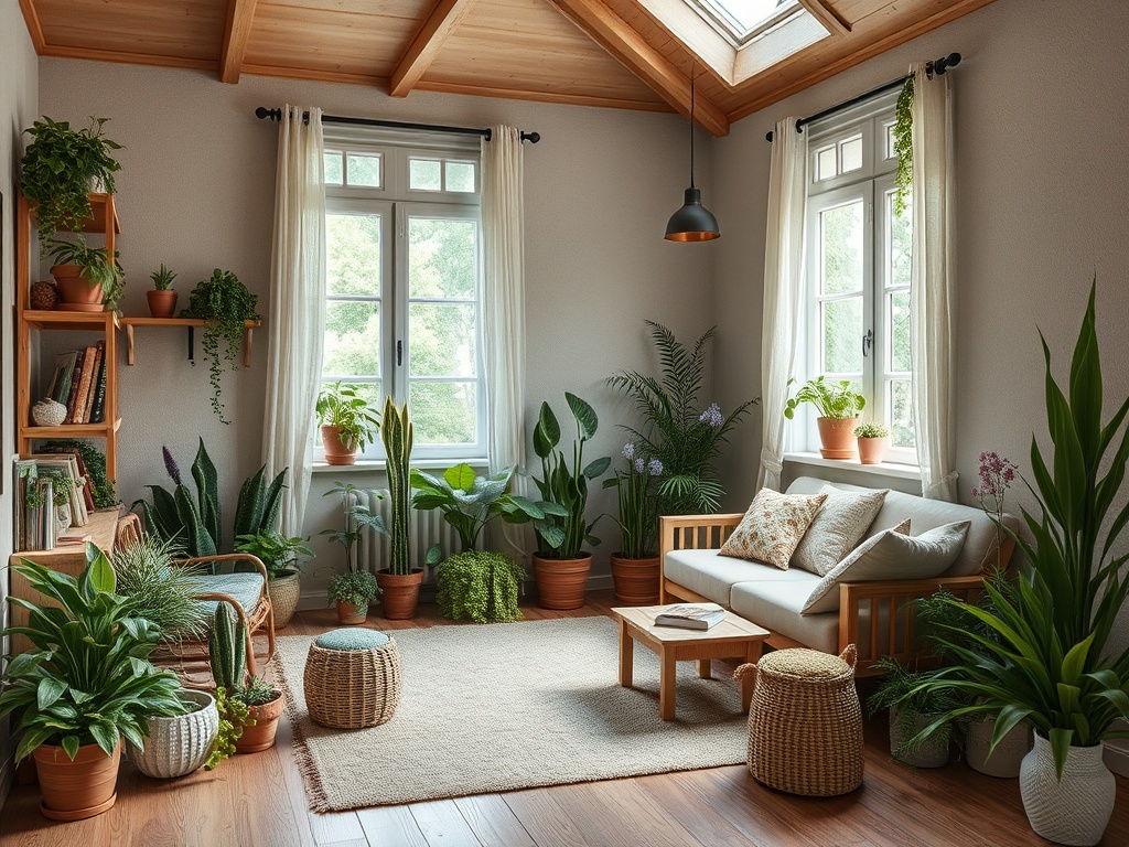 Уютная комната с большими окнами и зелеными растениями, оформленная в светлых тонах и с деревянными элементами.