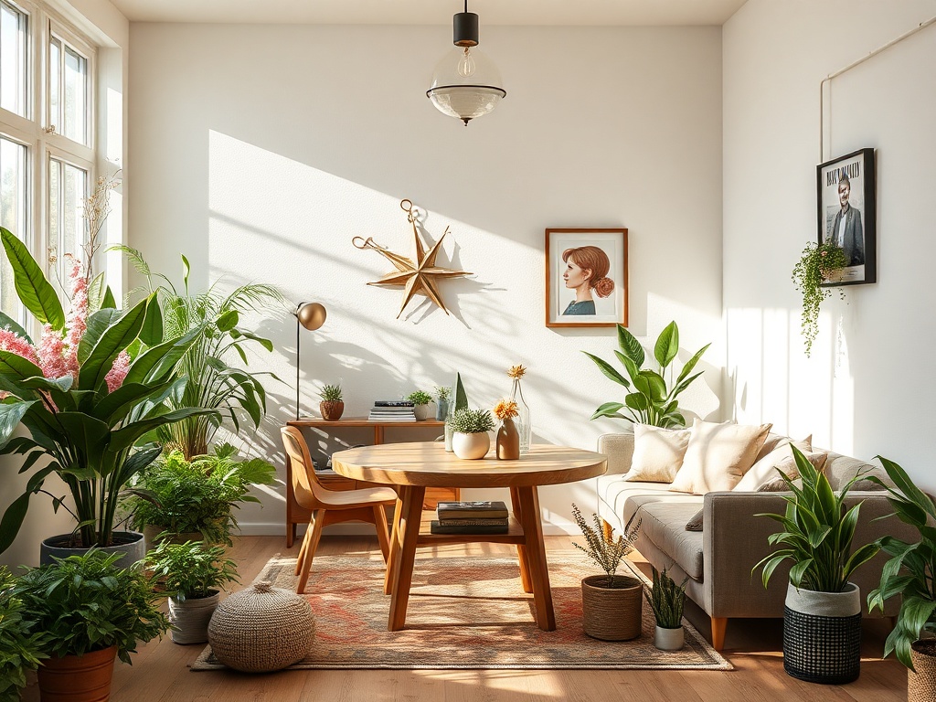 Светлая комната с уютной мебелью, столом и множеством растений, создающих атмосферу уюта и спокойствия.