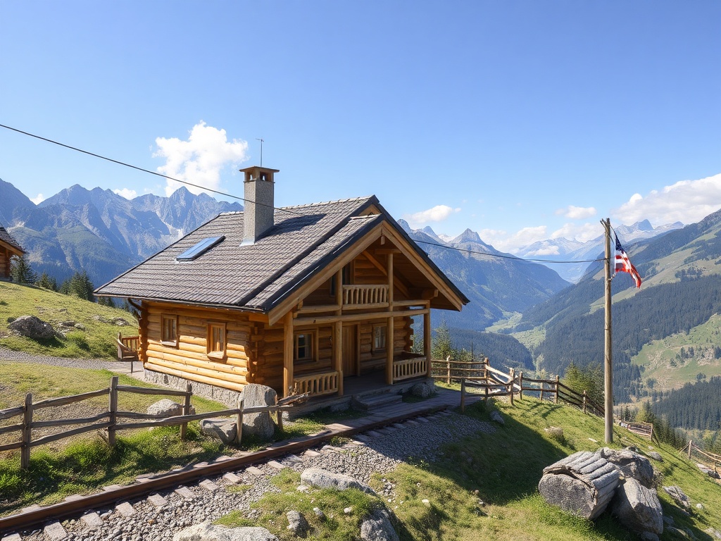 На картине изображен уютный деревянный домик на фоне гор, с красивым пейзажем и синем небе.