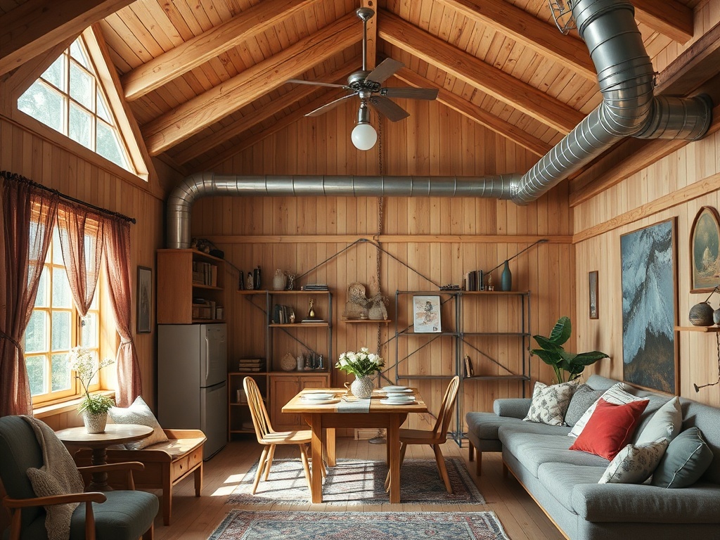 Светлая и уютная комната с деревянными стенами, обеденным столом и мягкой мебелью. Окна с шторками.