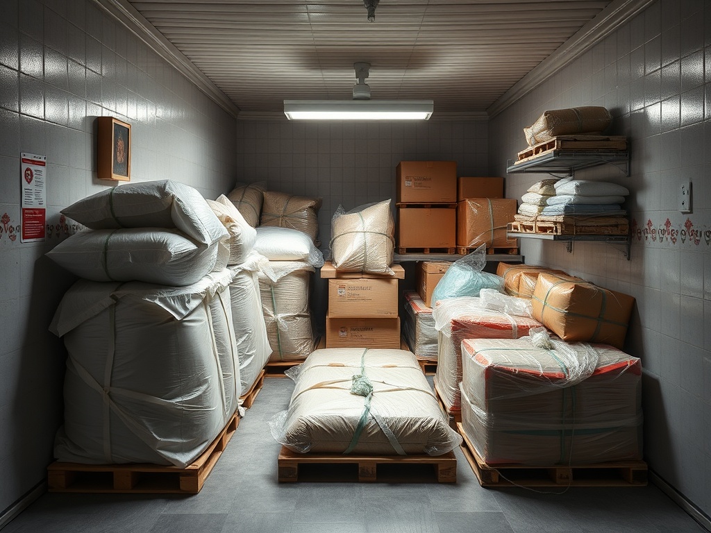 Помещение с упакованными товарами на поддонах, освещенное потолочным светильником.