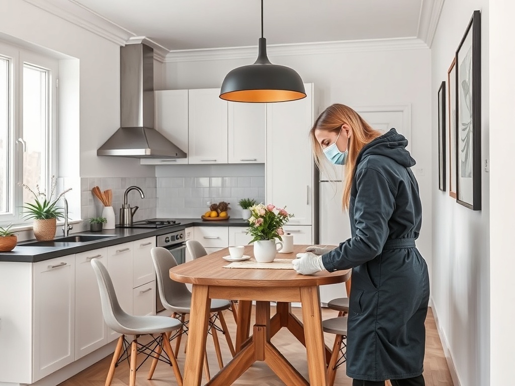 В просторной кухне женщина в маске накрывает стол для еды, украшая его цветами.