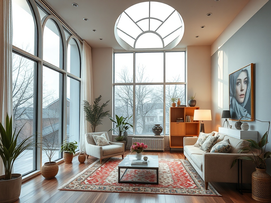 Светлая гостиная с большими окнами, мягкой мебелью и зелеными растениями, уютный и современный интерьер.