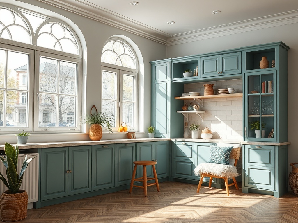 Современная кухня с зелеными шкафами, большими окнами и уютной атмосферой. Стильный интерьер и уютные детали.