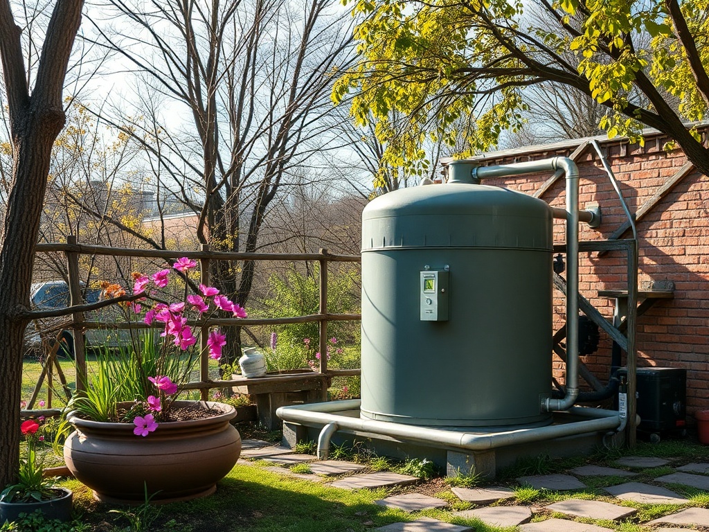 На изображении видно большой зеленый резервуар рядом с цветами и кирпичной стеной в саду.