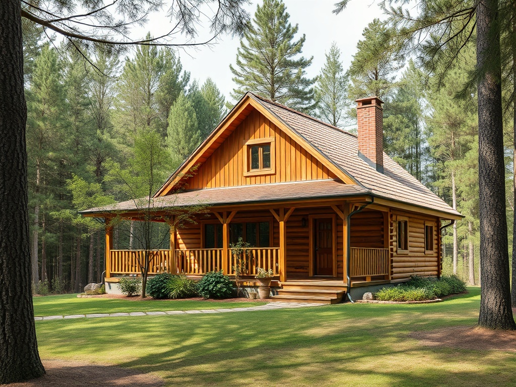Деревянный дом с крышей в окружении деревьев и зелёного газона, создающий атмосферу уюта и спокойствия.