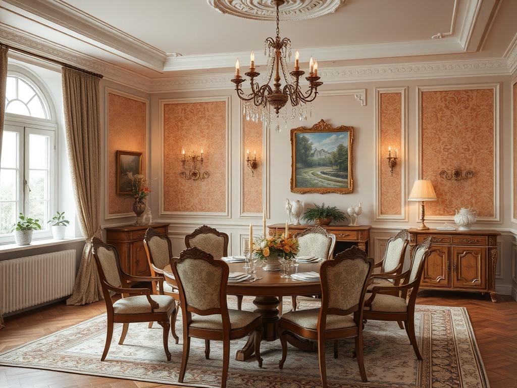 Элегантная столовая с деревянной мебелью, круглым столом и красивой люстрой. Атмосфера уюта и стиля.