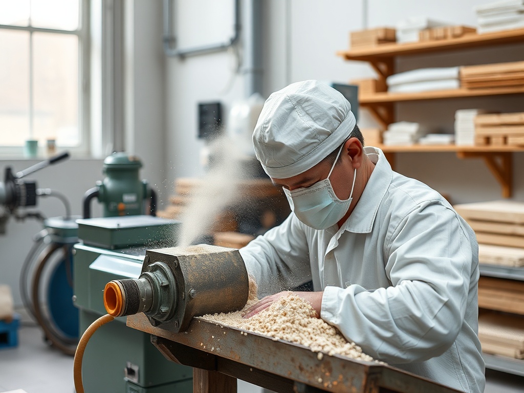 Мужчина в медицинской маске работает с деревообрабатывающим станком, опилки летят вдоль стола.