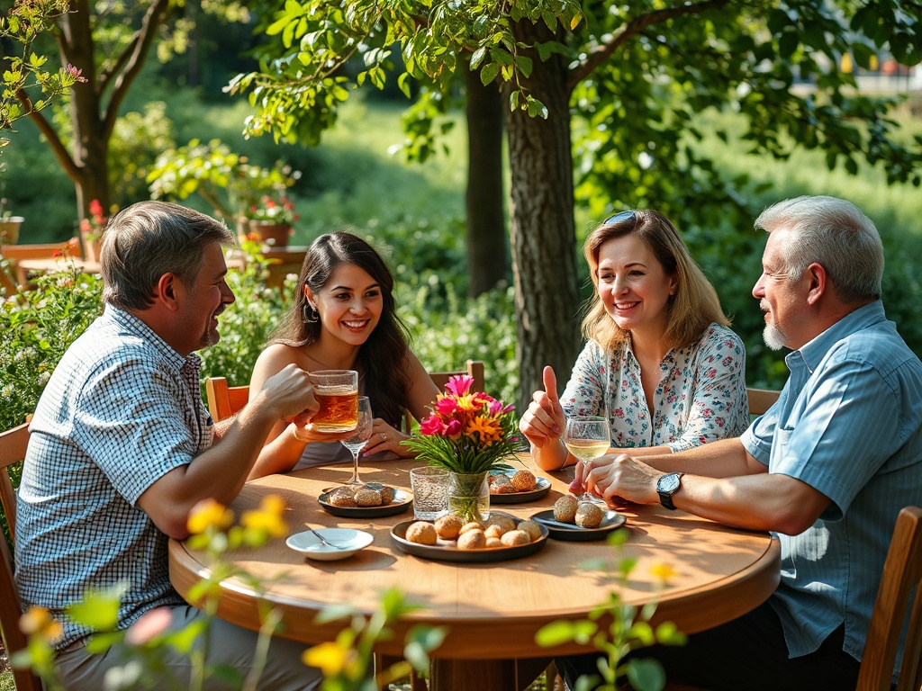 Четыре человека наслаждаются напитками за столом на свежем воздухе, окружённые зеленью и цветами.