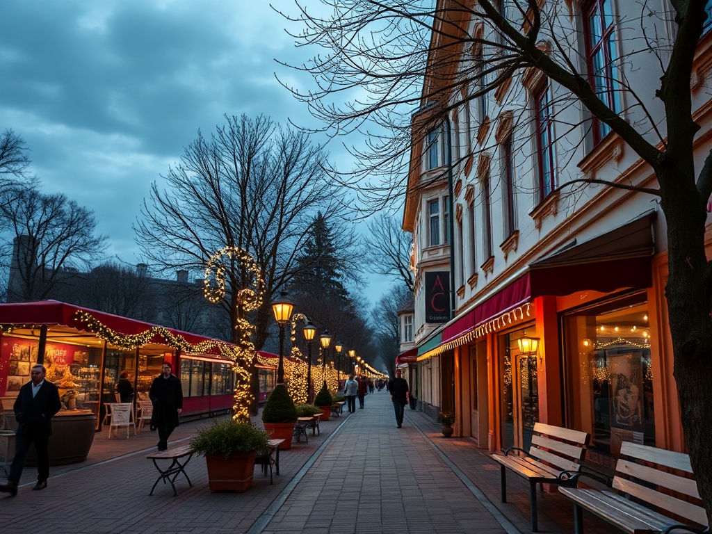 Улочка с красивыми огнями, украшенными деревьями, кафе и прохожими в вечернее время.