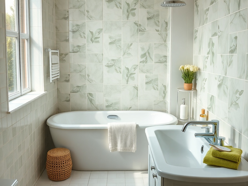 Современная ванная комната с ванной, раковиной и зелеными настенными плитками, украшена цветами.