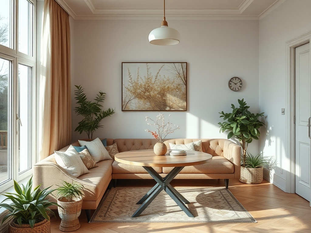 Уютная гостиная с угловым диваном, круглым столом и зелеными растениями на фоне больших окон.