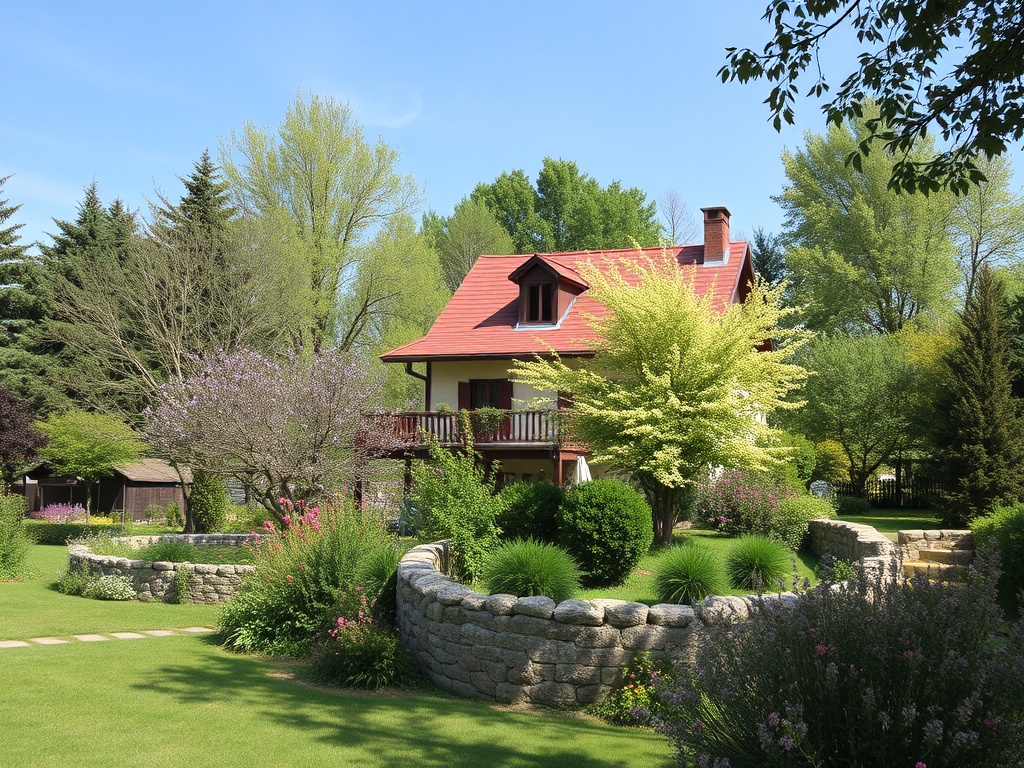 Красивая загородная вилла в зелёном саду с цветущими деревьями и ухоженными дорожками.