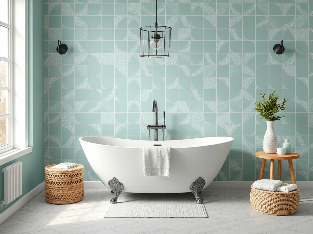 Современная ванная комната с белой свободностоящей ванной, зелеными плитками и деревянной мебелью.