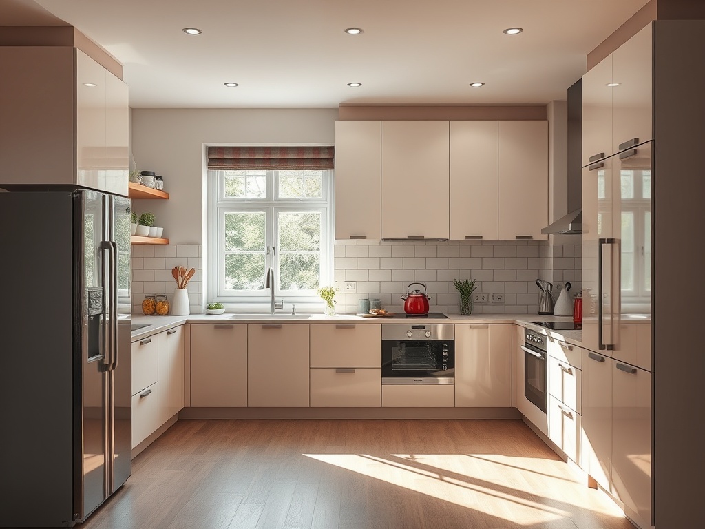 Современная светлая кухня с полками, техникой и окном, через которое проникает естественный свет.