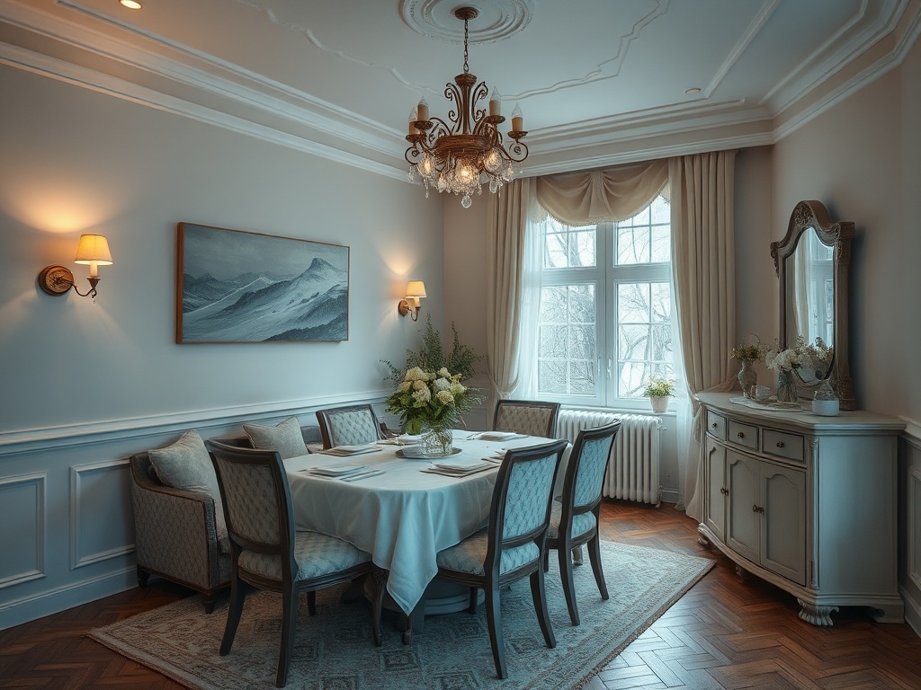 Элегантная столовая с круглым столом, креслами и декором в светлых тонах, уютный и стильный интерьер.