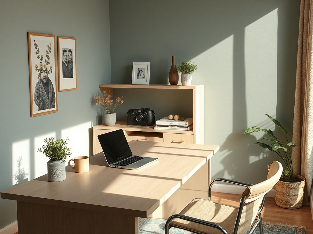 Современный кабинет с деревянным столом, ноутбуком, растениями и фотографиями на стенах. Солнечный свет.