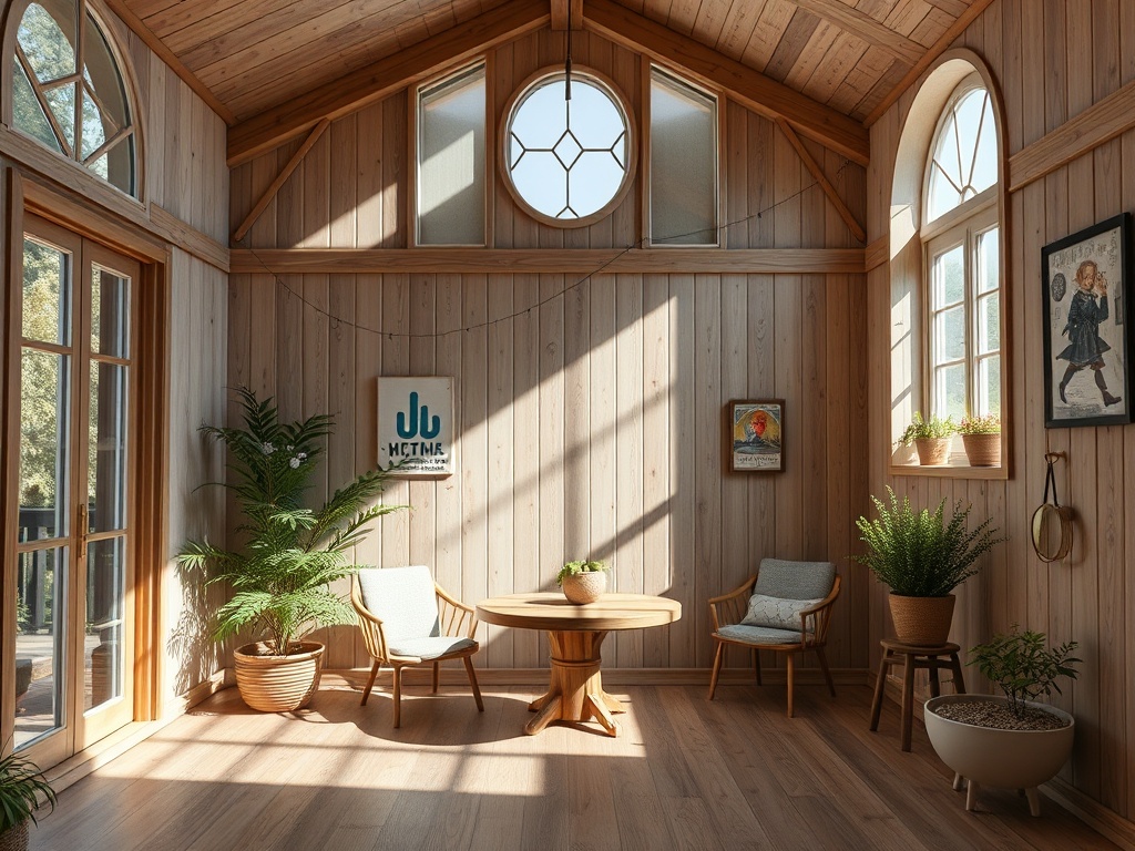 Светлая комната с деревянными стенами, растениями, столом и креслами, наполненная солнечным светом.